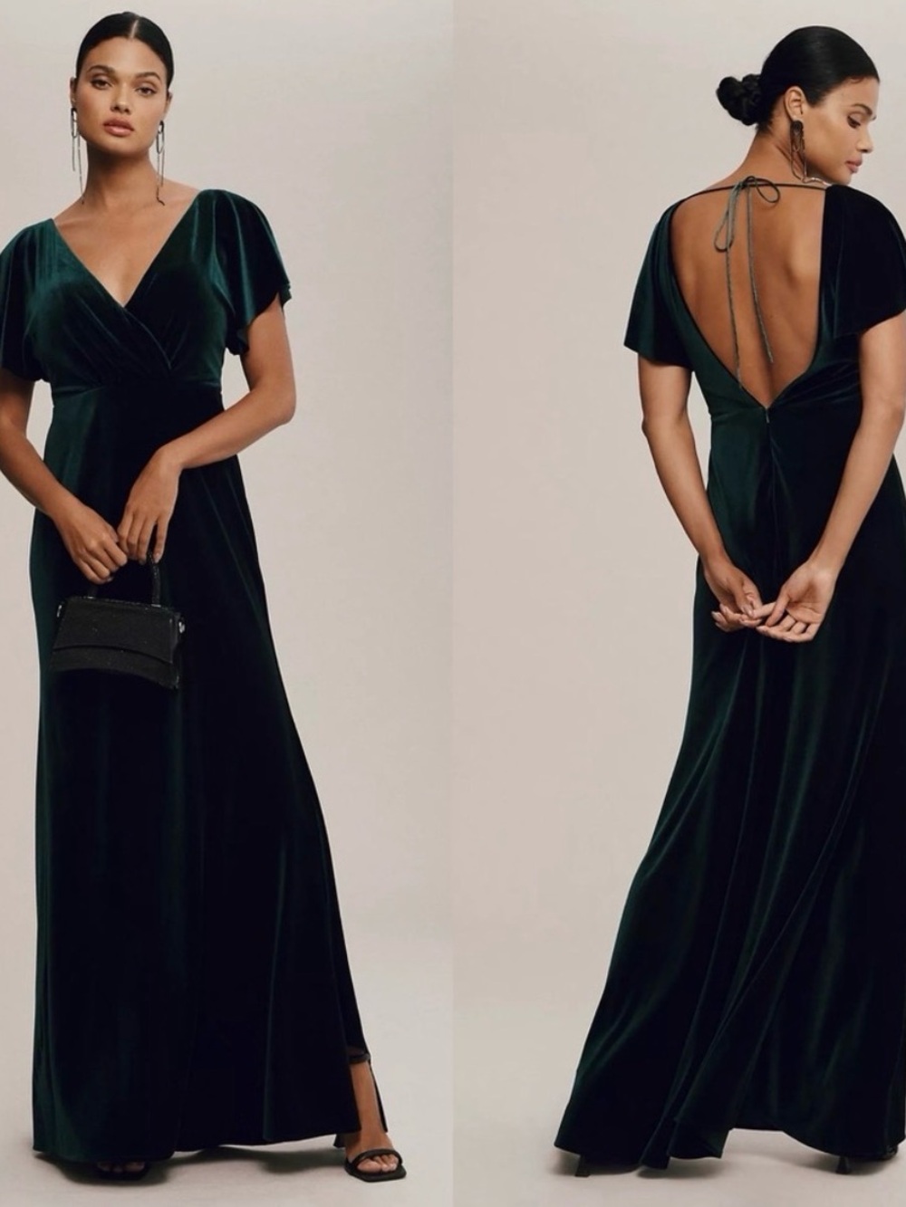 Jenny Yoo Ellis Flutter Sleeve Open Back Stretch Velvet Gown - Emerald Green 10